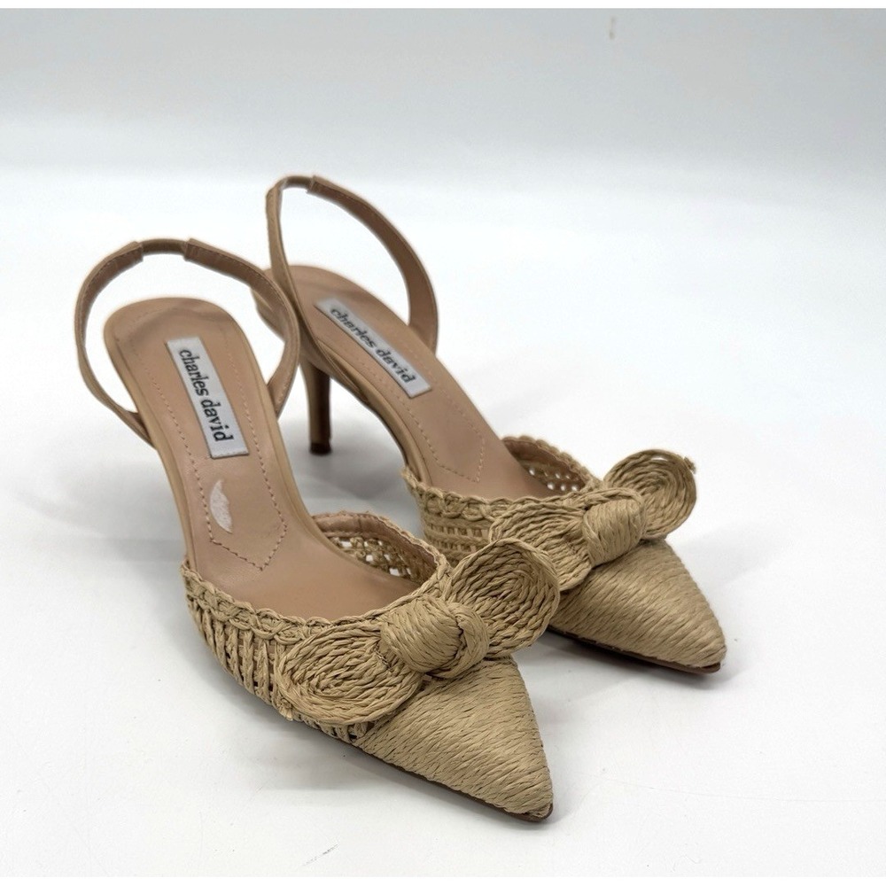 Resort Raffia Charles David Allyson Bow Kitten Heel Sling Back Shoe 6.5 Coastal